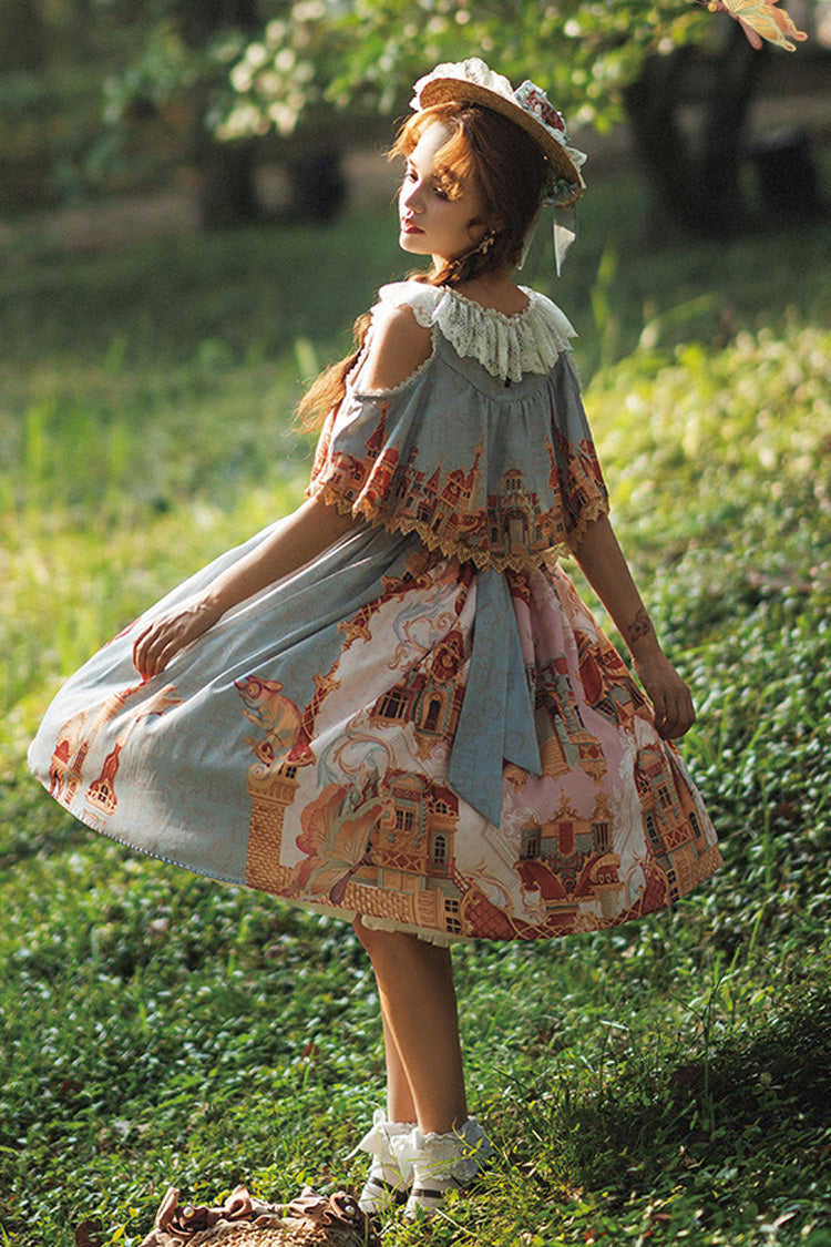 Multi-Color European Architectural Oil Painting Print Off Shoulder Short Sleeves Bowknot Sweet Lolita Dress
