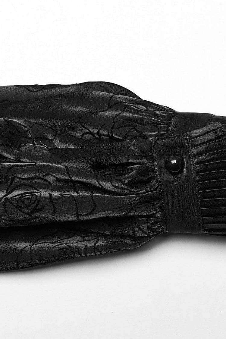 Schwarze Gothic-Bluse mit Stehkragen, langen Laternenärmeln, Rosendruck und Hakenknopf für Damen