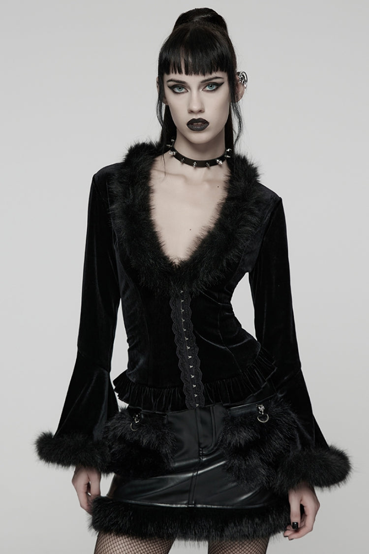 Black V Collar Long Sleeves Faux Fur Spliced Lace-Up Women's Gothic Cardigan