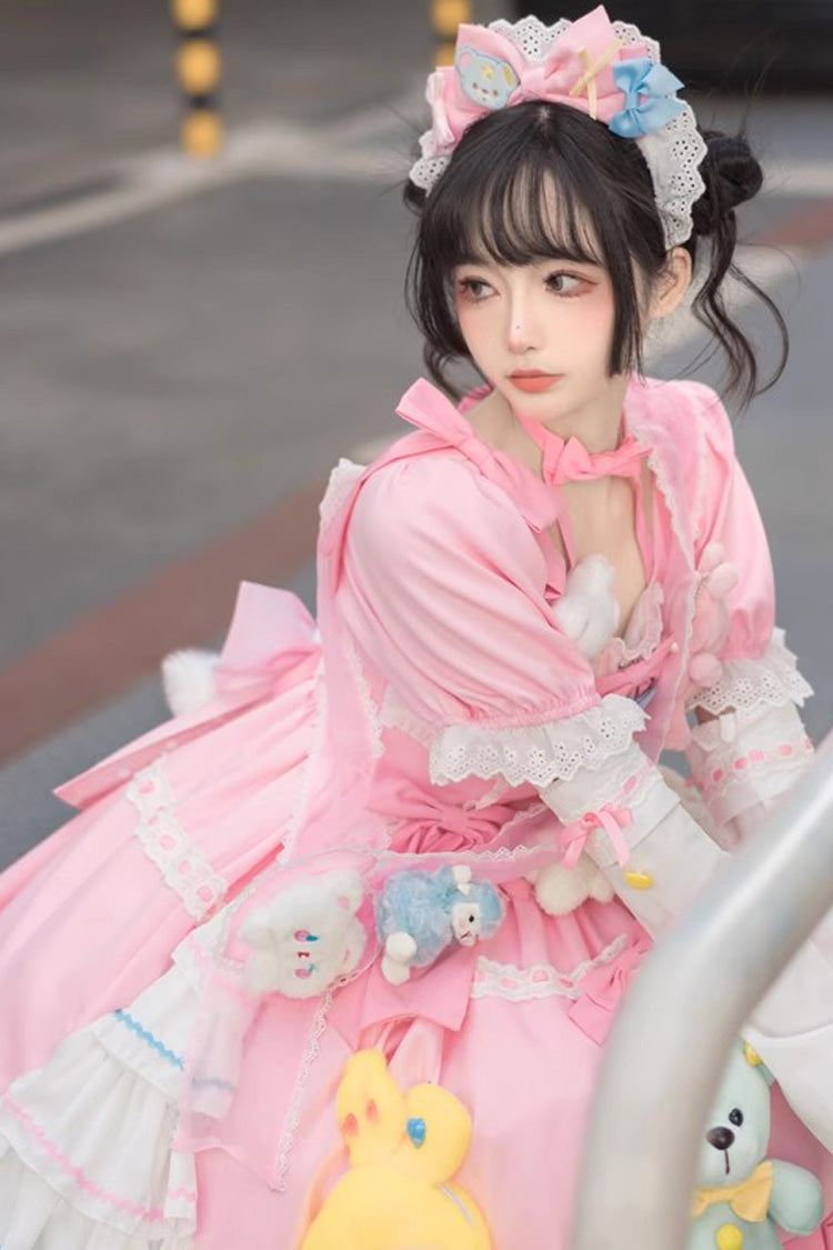 Pink Square Collar Print Doll Party Detachable Sleeves Ruffle Bowknot Sweet Princess Lolita Dress