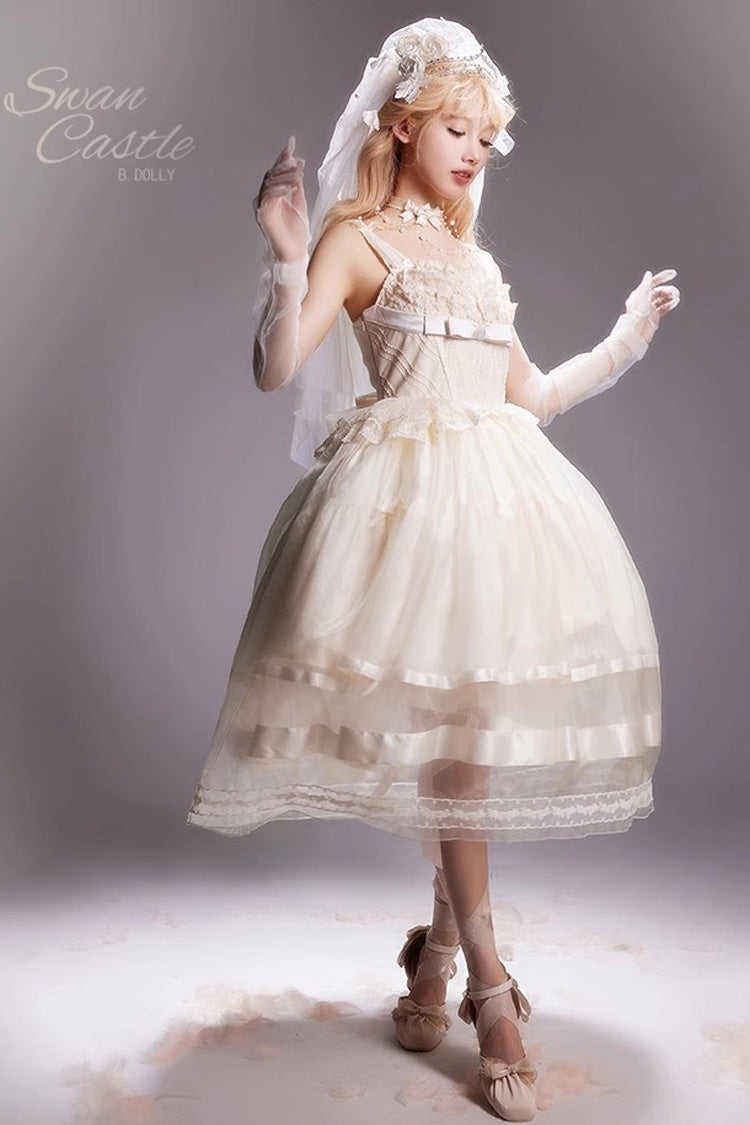 Ivory [Swan Castle] Ruffle Bowknot Lace Sweet Elegant Gorgeous Lolita Jsk Long Dress