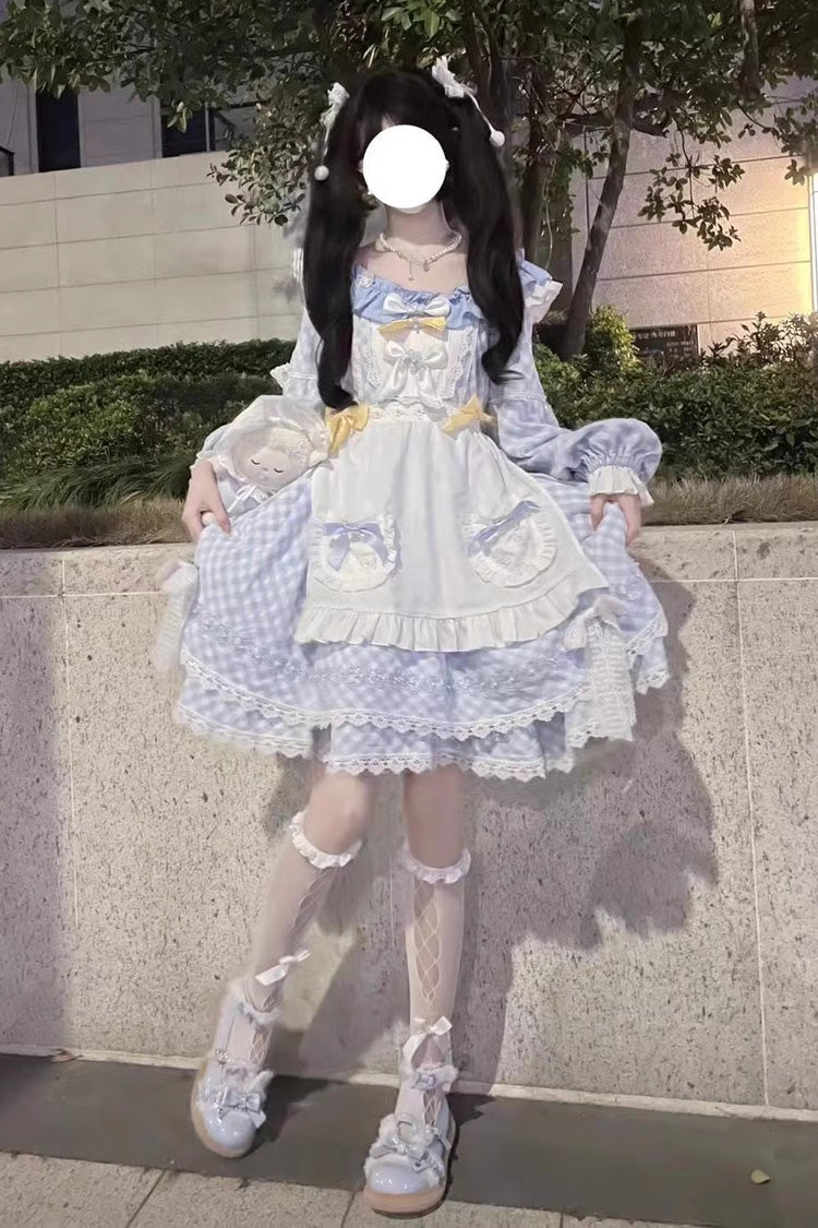 Blue Plaid Print Long Sleeves Bowknot Lace Sweet Lolita Dress