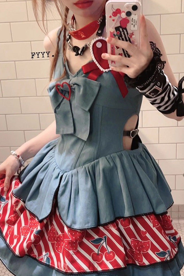 Blue [Cherry] Sleeveless Triple-Layered Print Ruffle Bowknot Denim Sweet Japanese Vintage Lolita Jsk Dress