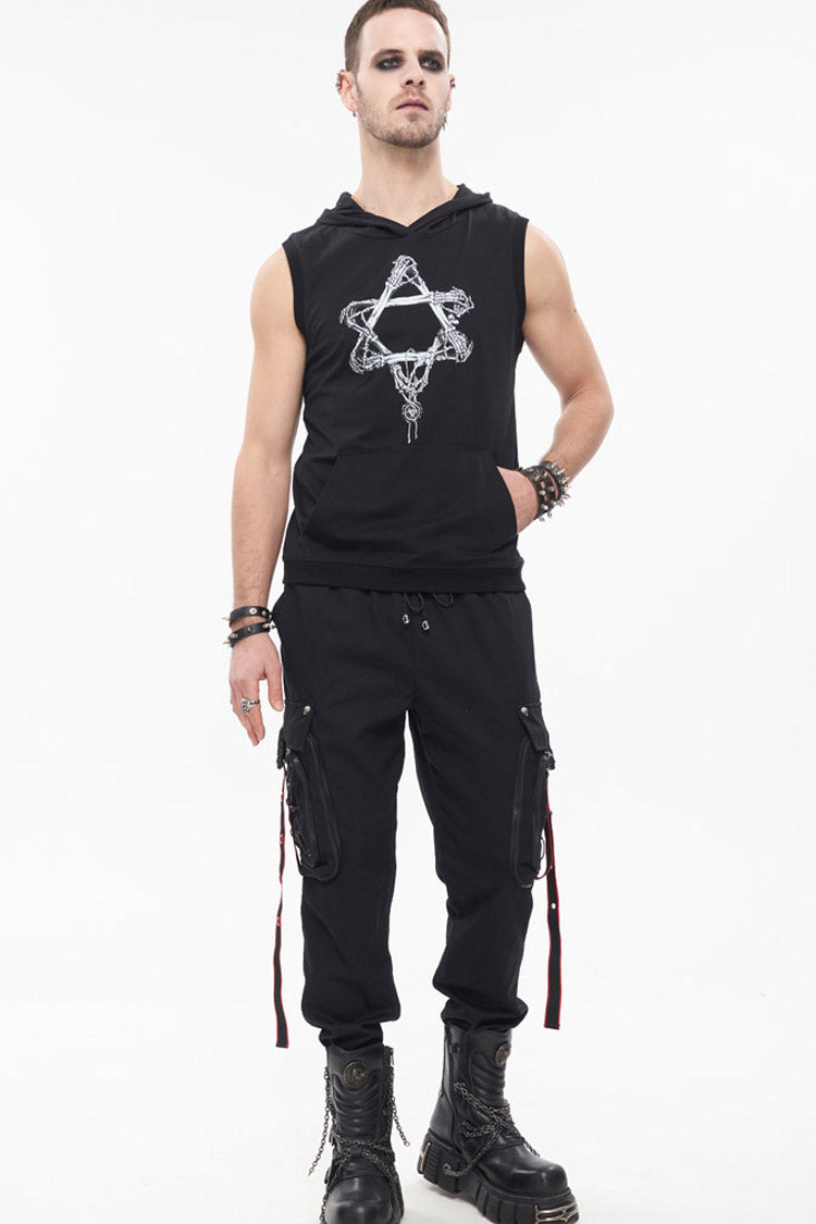 Black Punk Multi Pocket Webbing Decorative Drawstring Men's Long Pants