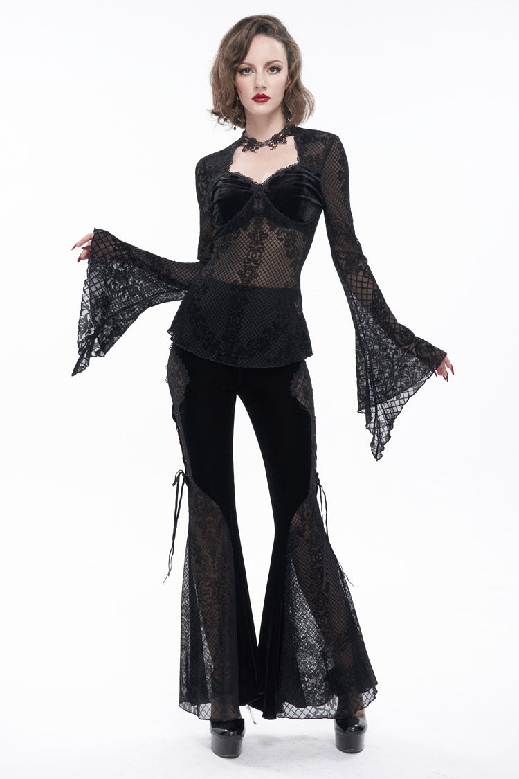 Black Velvet Mesh Splicing Metal Buttons Flared Sleeve Lace Women's Gothic T-Shirt