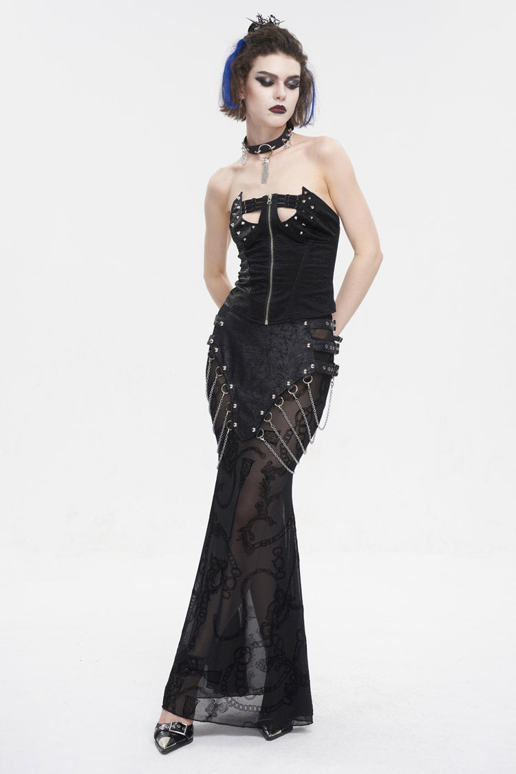 Black Mesh Splice Chain Fishtail Women's Gothic Skirt