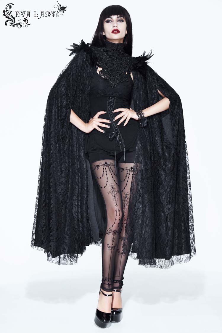Schwarzer, langer Gothic-Umhang aus Spitze im Palaststil für Damen