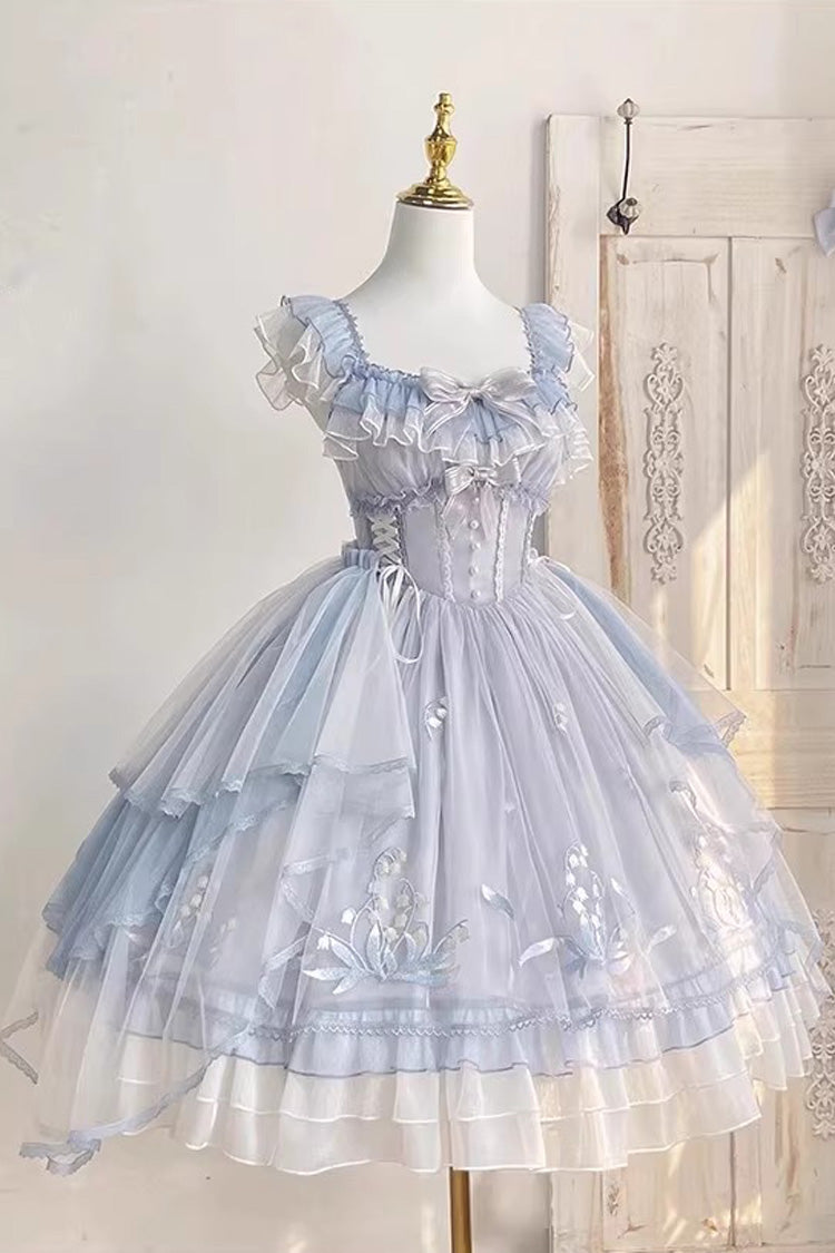 Blue [Love Is Coming] Multi-layer Ruffle Embroidery Bowknot Sweet Princess Lolita Jsk Dress