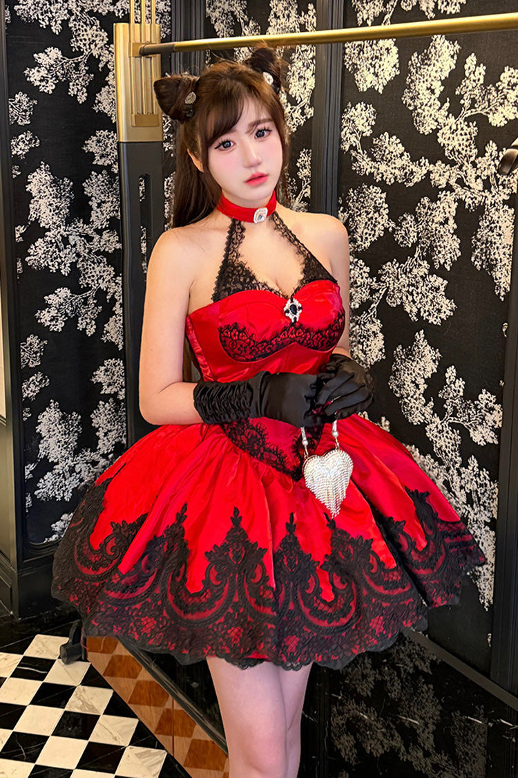 レッド【レースキャット】ホルターネックカットアウト刺繍ゴシックバレエロリータJSKドレス