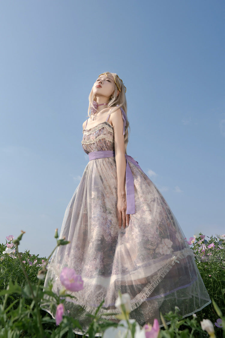 Peinture à l'huile violette [– À l'ombre des arbres en fleurs] Robe Jsk Lolita douce sans manches à imprimé volant avec nœud en dentelle 
