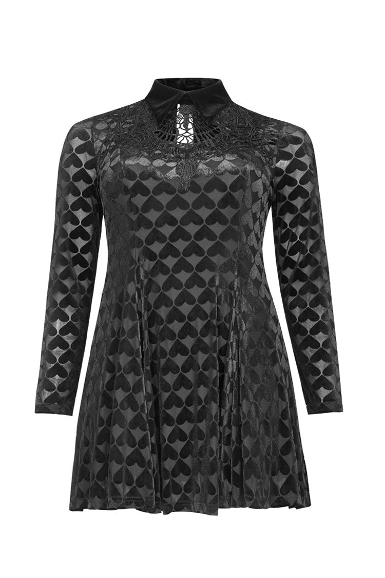 Black Front Chest Hollow-Out Decals Long Sleeve Back Waist Lace-Up Plus Size Mercerized Velvet Print Women's Gothic Dress