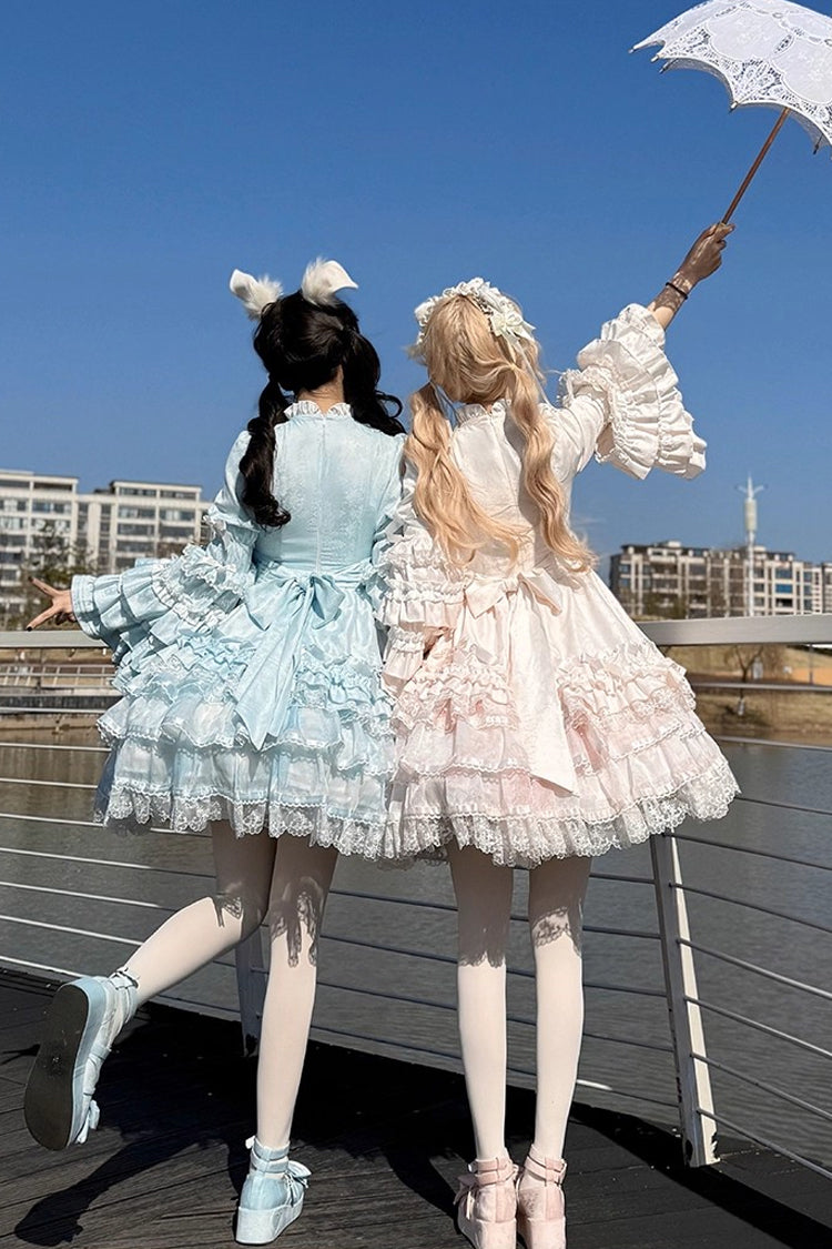 Pink [The Soloist Doll] Long Hime Sleeves Multi-Layered Print Ruffle Bowknot Asymmetric Sweet Lolita Dress