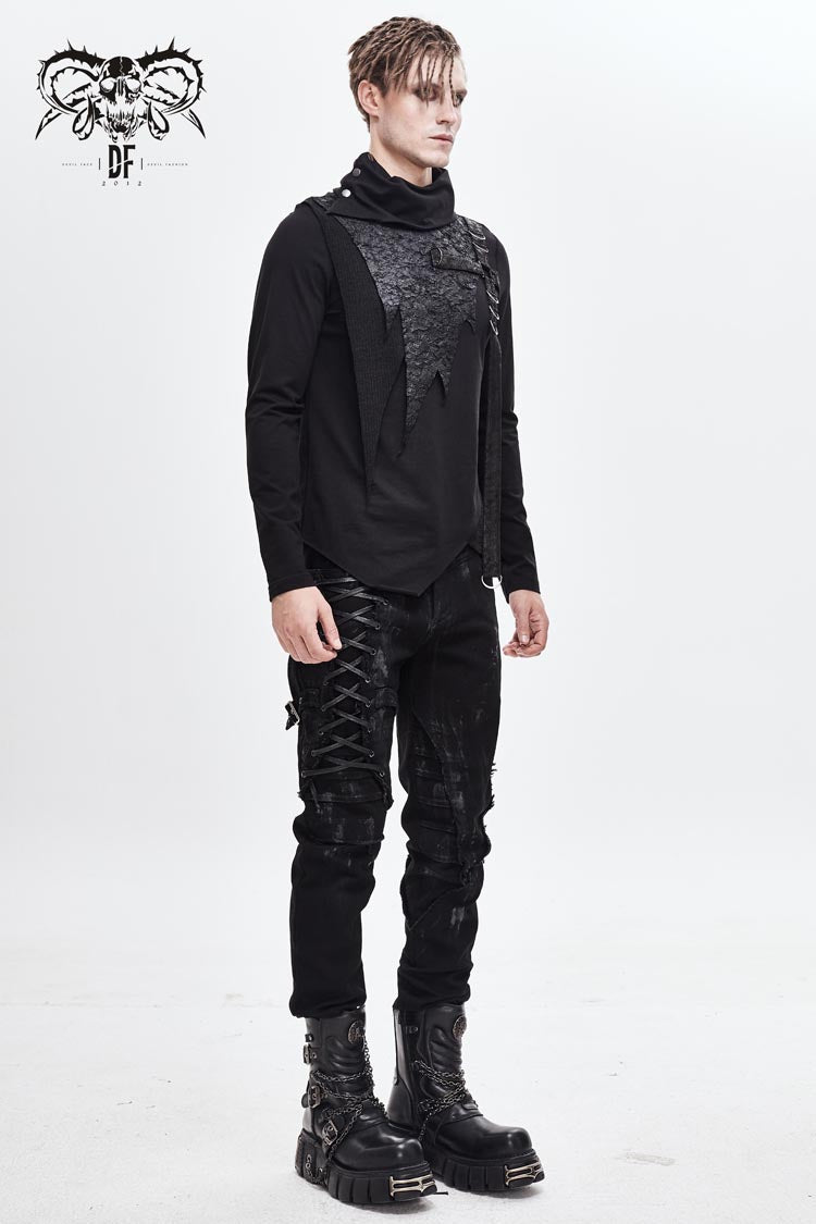Black Worn Out Cross Shaped Hasp High Collar Asymmetric Hem Men's Punk T-Shirt