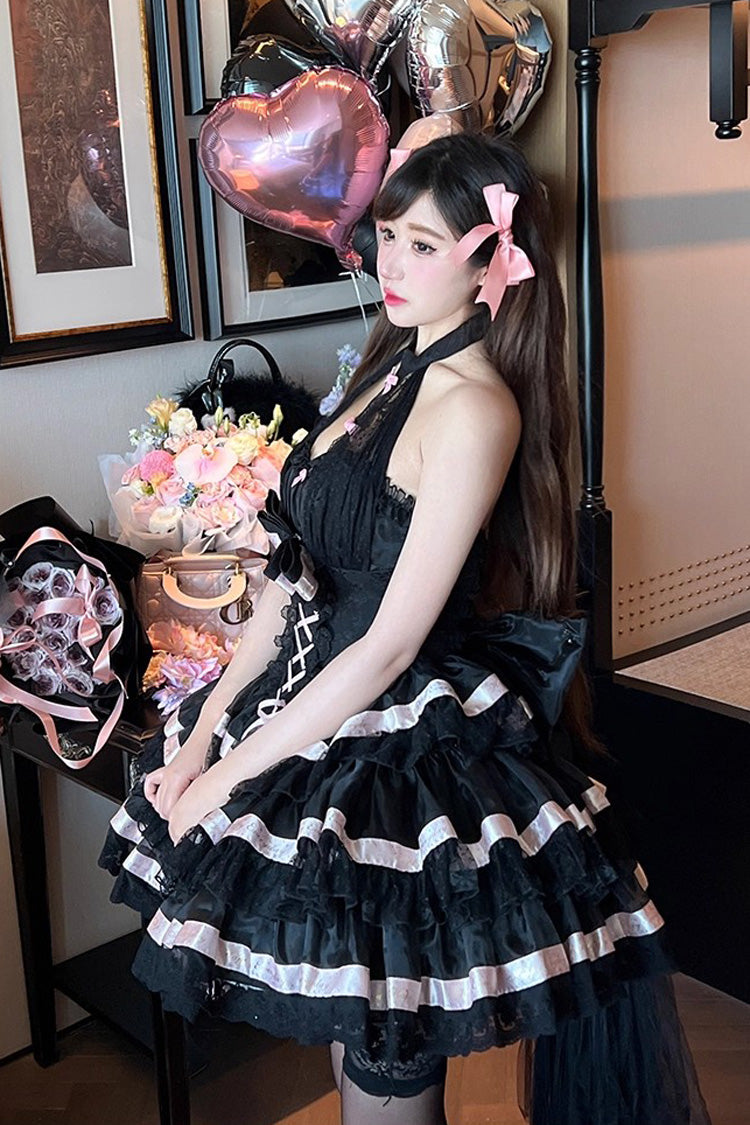 Black [Ballet Dream] Halterneck Triple-Layered Ruffle Bowknot Lace-Up Sweet Princess Lolita Dress