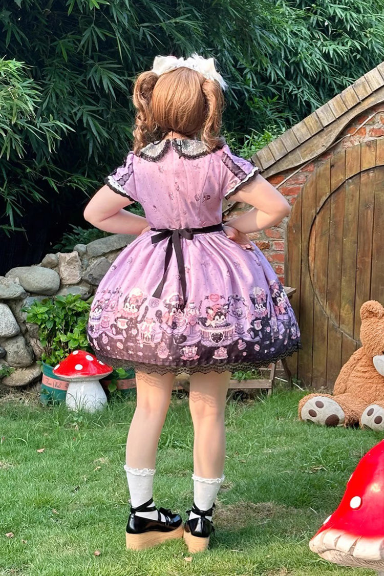 Purple [Devil Cat] Print Short Sleeves Ruffle Bowknot Lace Gothic Lolita OP Dress (Plus Size Support)