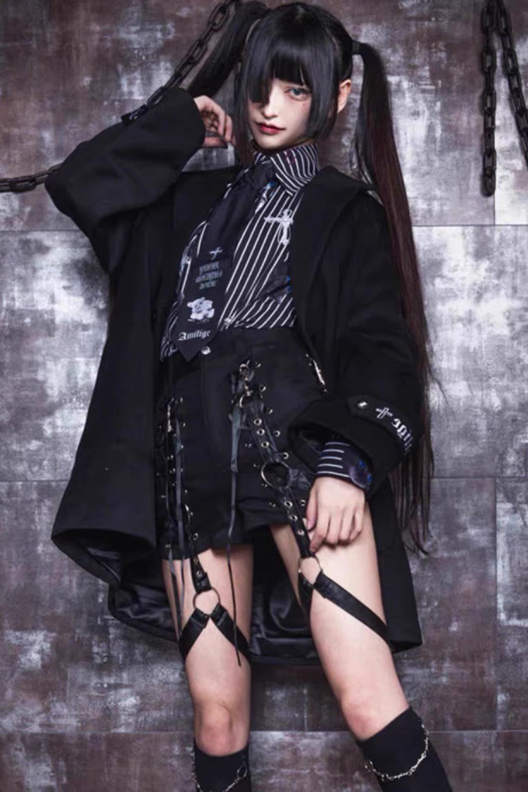 Black Gothic Jirai Kei Japanese Detachable Belted Shorts with Leg Harness Straps