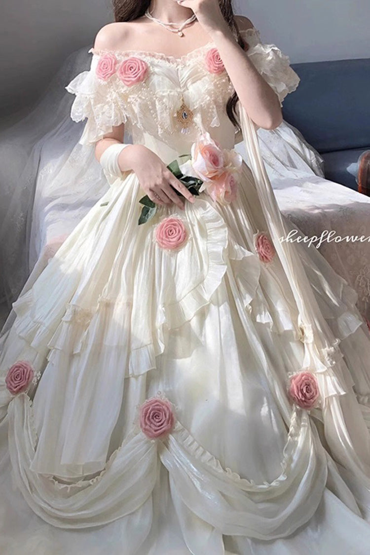 Tana Manor Rose Flower Long Sleeves Ruffle Bowknot Elegant Sweet Princess Lolita Strapless Dress 4 Colors