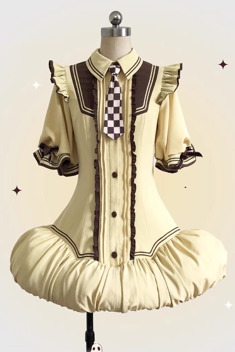 Brown/Yellow [Witch and Paradise] Short Sleeves Ruffle Bowknot Sweet Japanese Halloween Lolita Dress Vest Set