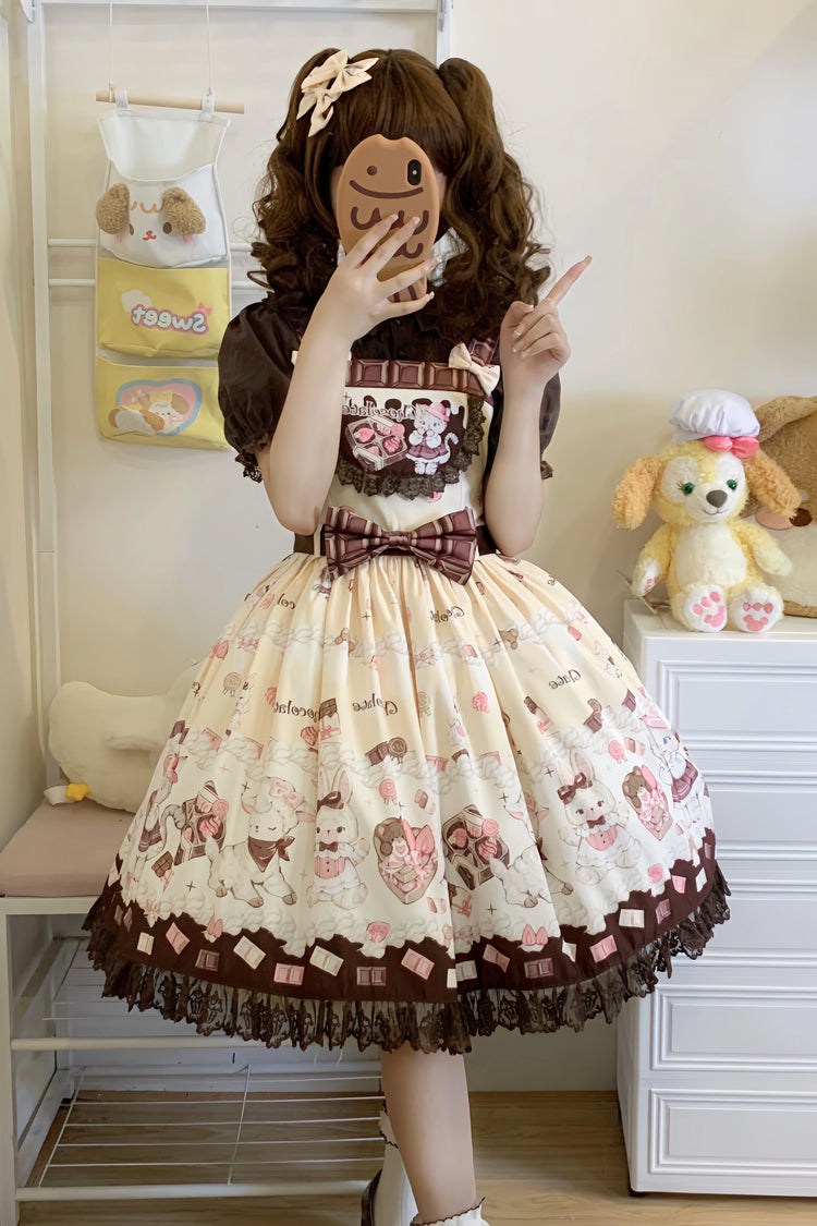 Chocolate Rosette Cat Print Bowknot Stitching Lace Sweet Lolita Jsk Dress 4 Colors