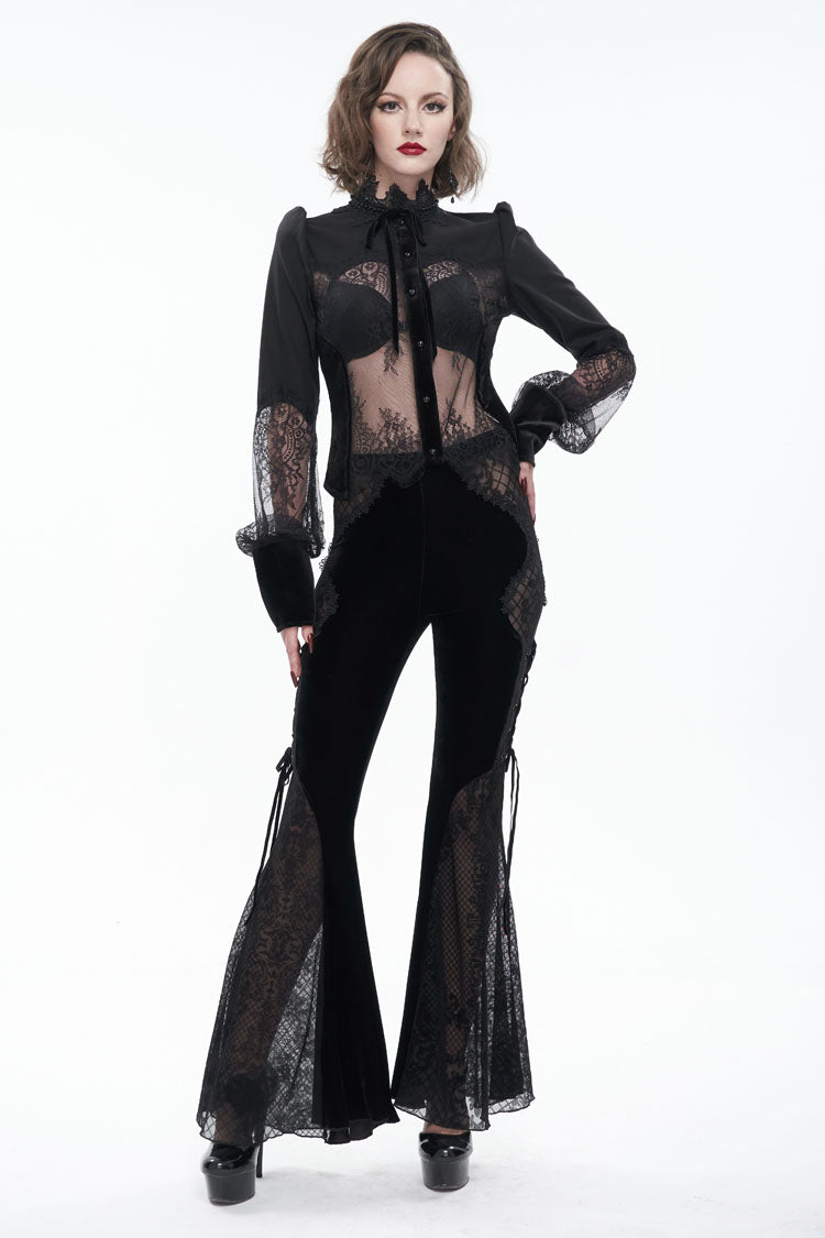 Schwarzes langärmliges Gothic-Hemd für Damen mit hohem Kragen, durchscheinender Spitze und Patchwork-Schleifendekoration