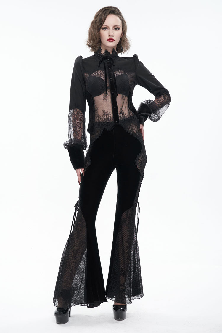黒のハイカラー半透明レースパッチワーク弓装飾長袖女性のゴシックシャツ