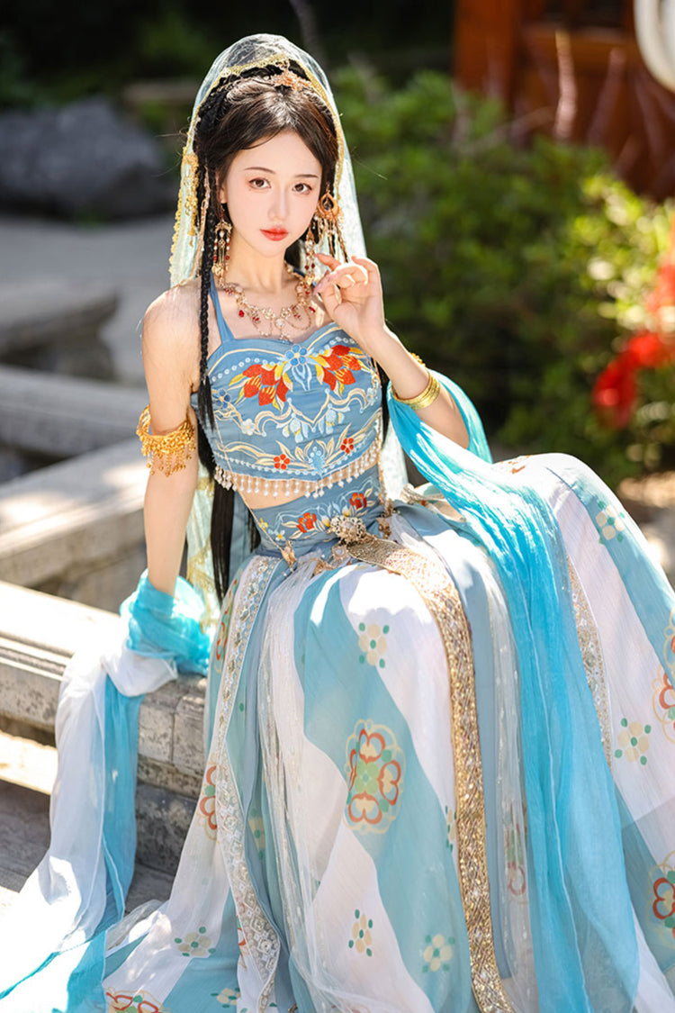 Blue Elegant Print Embroidery High Waisted Sleeveless Hanfu Dress Full Set
