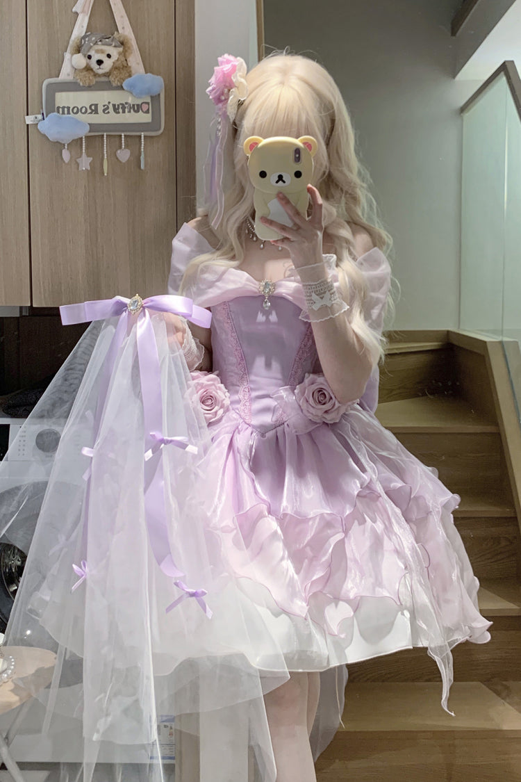 [Heartbeat] Off Shoulder Multi-Layered Ruffle Bowknot Lace Princess Gorgeous Dream Sweet Lolita Dress 2 Colors