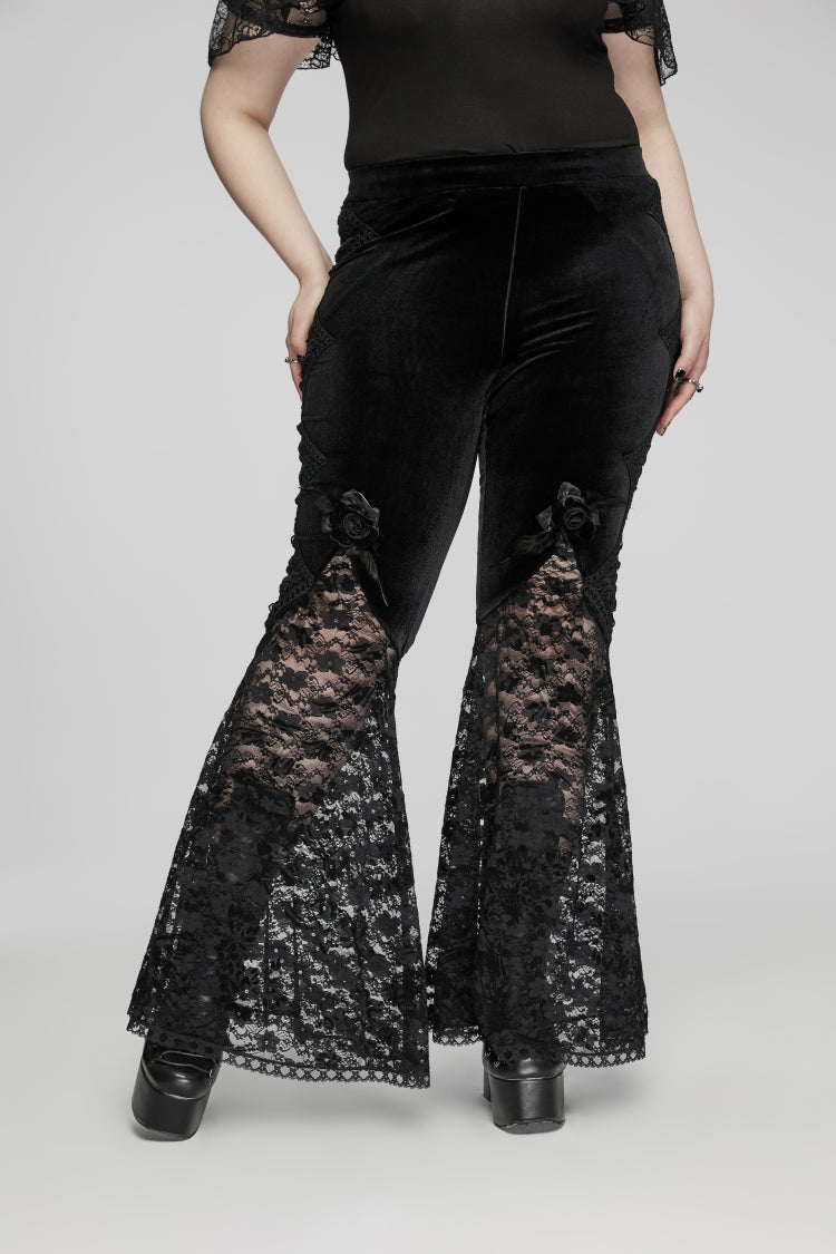 Schwarze, ausgeschnittene, bestickte Patchwork-Rose-Spitze-Gothic-Schlaghose für Damen in Übergröße
