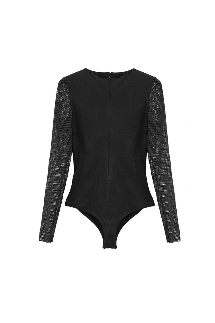 Black Chest Adjustable Leather Loops Splice Mesh Sleeve Connecting Crotch Women's Punk T-Shirt