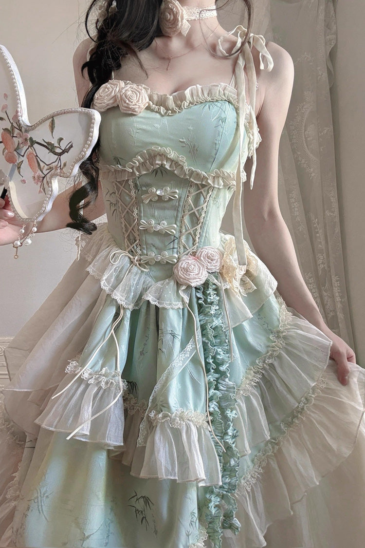 Green [Tea Bamboo Song] Sleeveless Print Ruffle Bowknot Sweet Chinese Style Elegant Ballet Lolita Jsk Long Dress