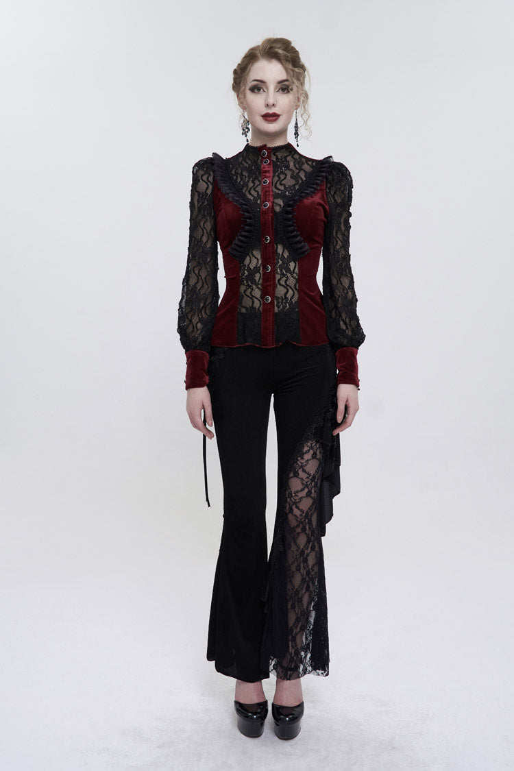 Roter Samt-Hochhals-Spitzen-Fake-BH-Design, das dreidimensionales Schmetterlingsnetz-Gothic-Shirt für Damen spleißt