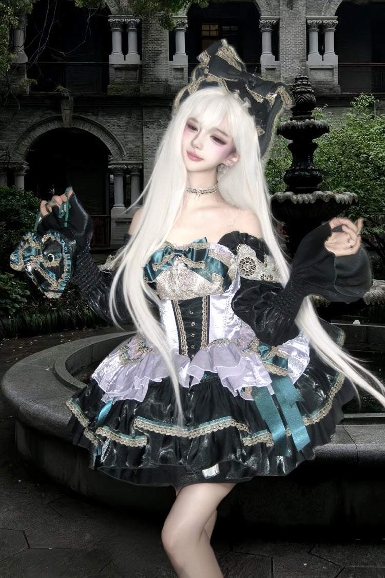 Robe Lolita de ballet douce, sans manches, multicouche, avec nœud à volants, à lacets, vert/violet [les larmes de la petite sirène]