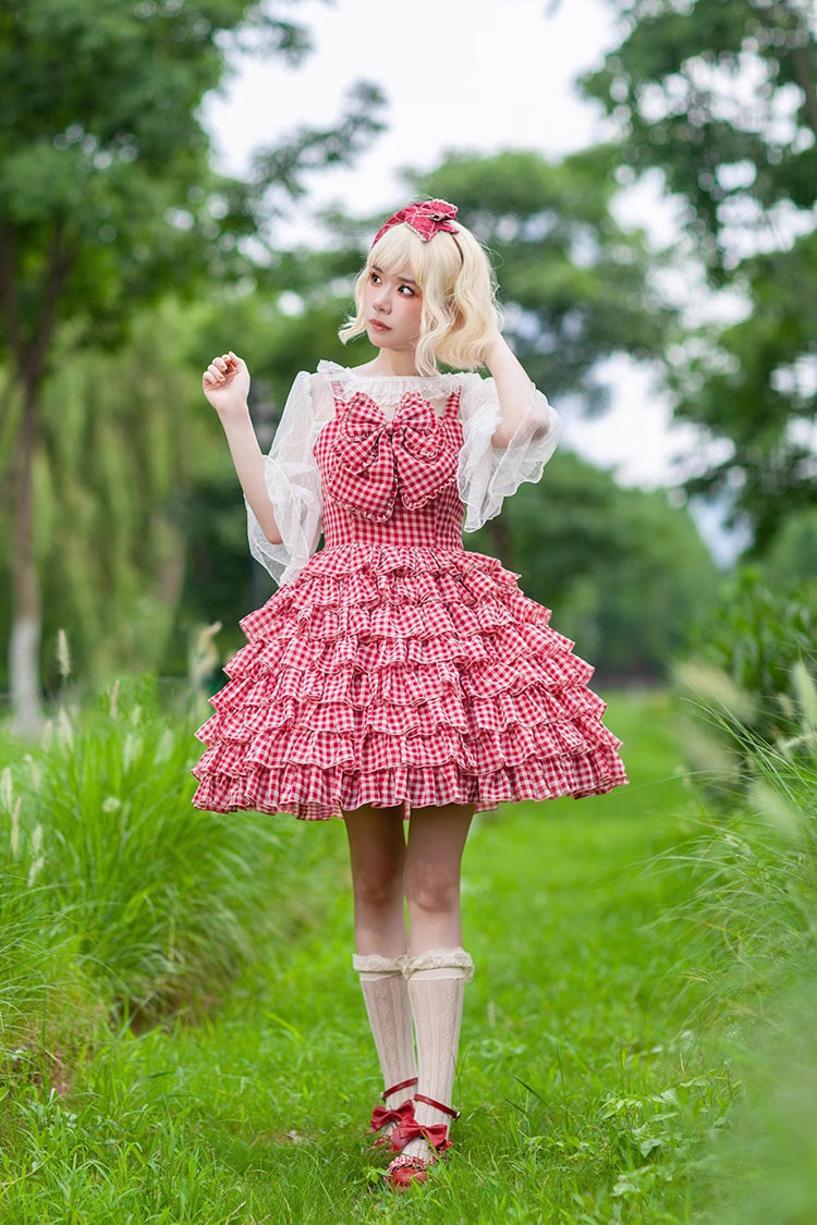 Multi-layer Plaid Print Ruffle Bowknot Sweet Lolita Tiered Dress 3 Colors
