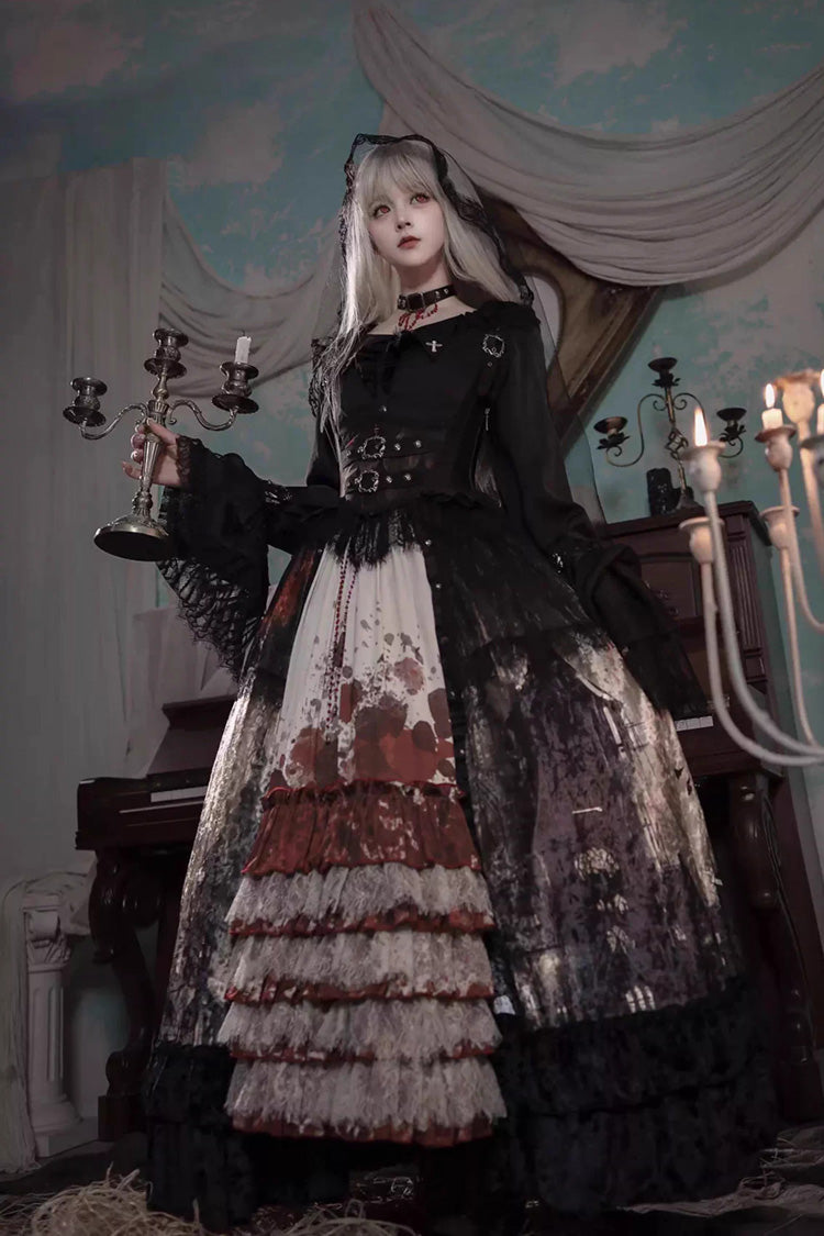 [Heretical Nun] Sleeveless Multi-Layered Printed Ruffled Open-Front Gothic Plus Size Lolita Strap Dress Long Version 2 Colors