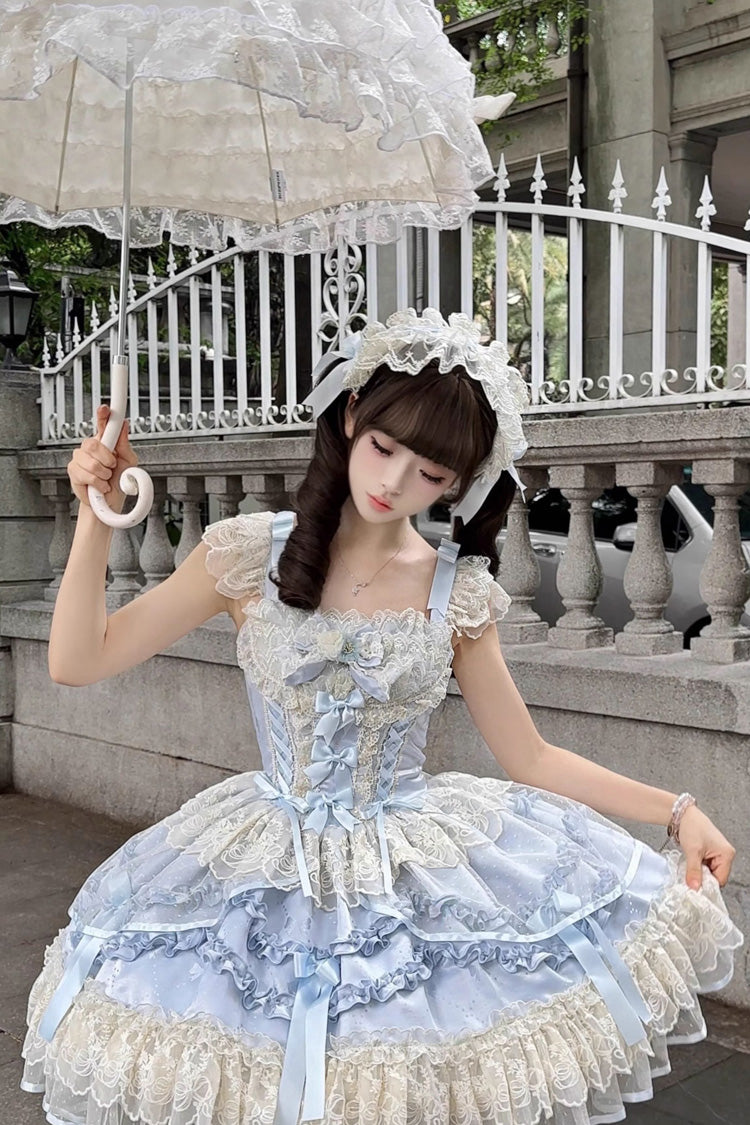 Blue [Dreaming Butterfly] Multi-Layered Jacquard Ruffle Bowknot Lace Sweet Princess Lolita Jsk Dress
