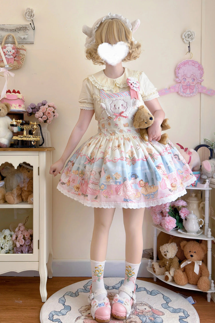 Robe à bretelles Lolita douce avec imprimé valse mouton bleu/rose, volants, nœud et dentelle 