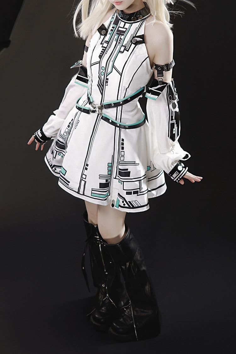 White [Mecha Battle Maiden] Stand Collar Print Futuristic Style Sweet Handsome Lolita Dress