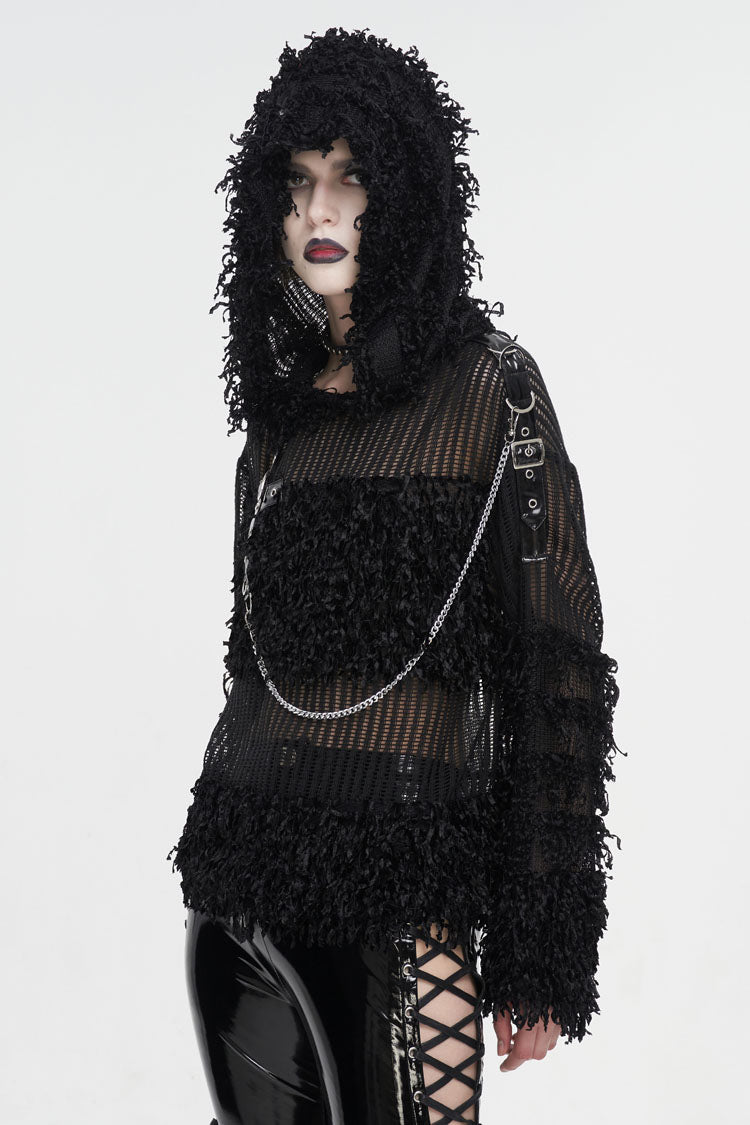 Black Segmented Mesh Matching Chain Women's Punk Hooded Sweater