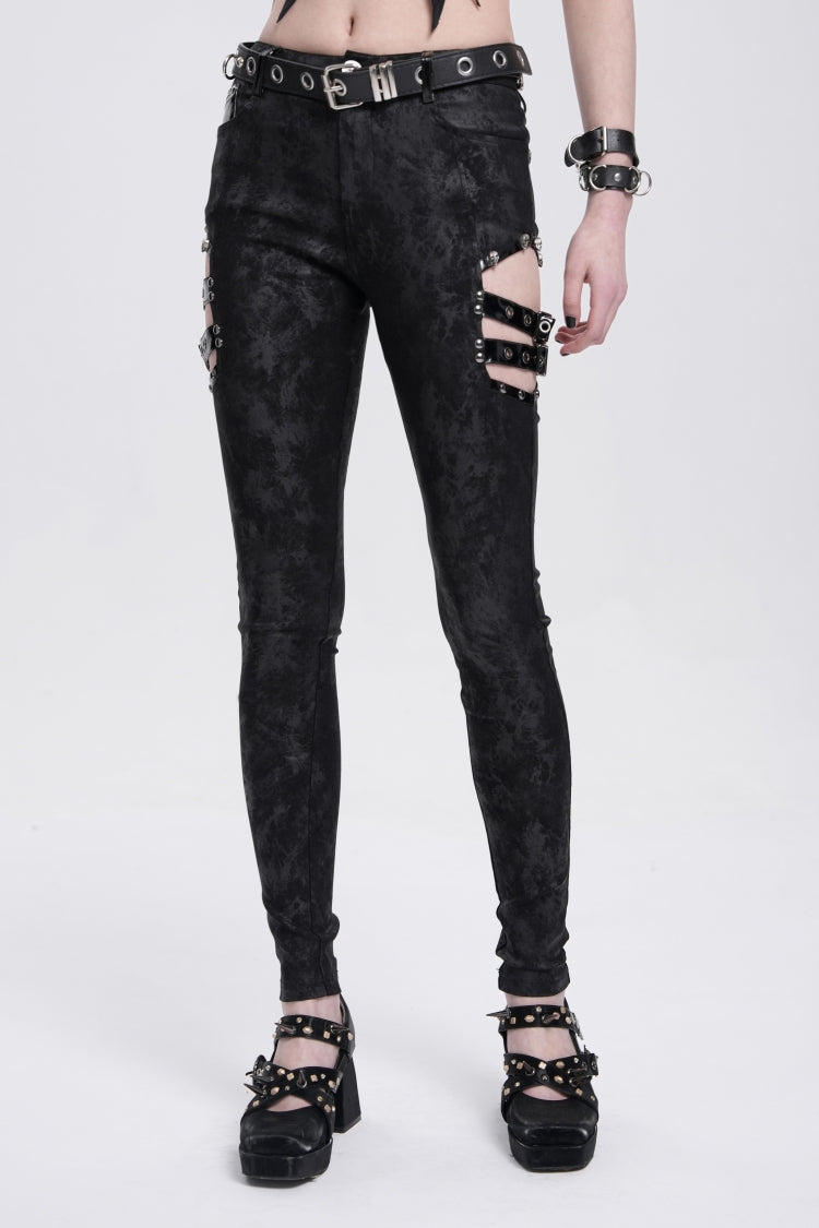 Black Print Cutout Buckle Women's Gothic Pants