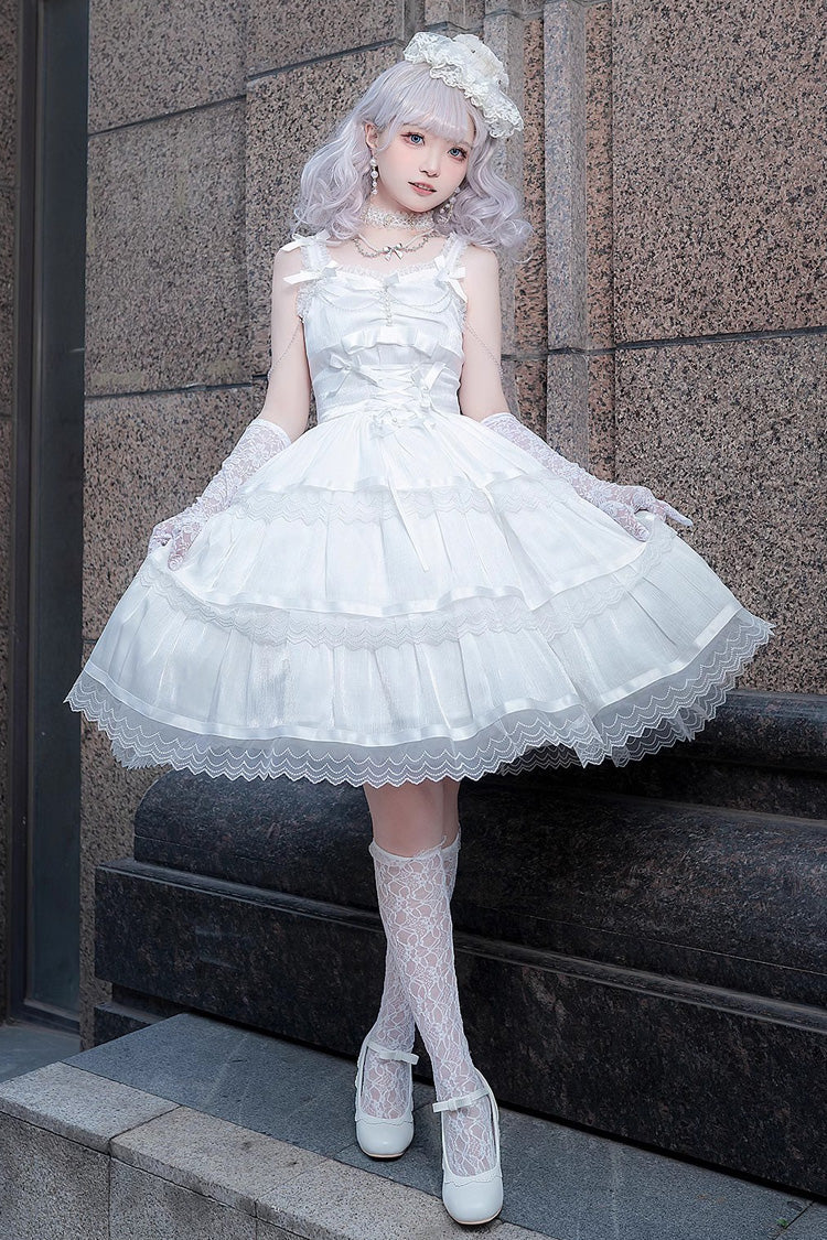 White Sleeveless Multi-layer Ruffle Bowknot Sweet Princess Lolita Jsk Dress