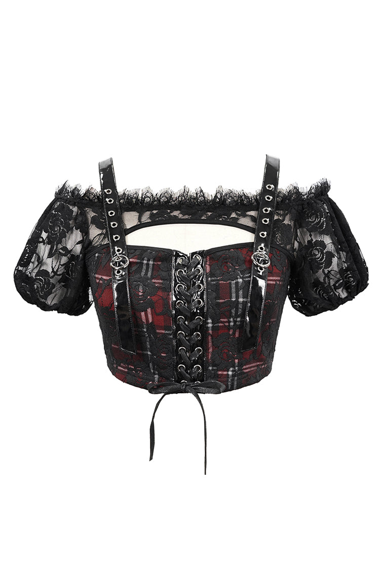 Black/Red Scottish Plaid Off Shoulder Bright Leather Straps Lace Up Lace Women's Punk T-Shirt