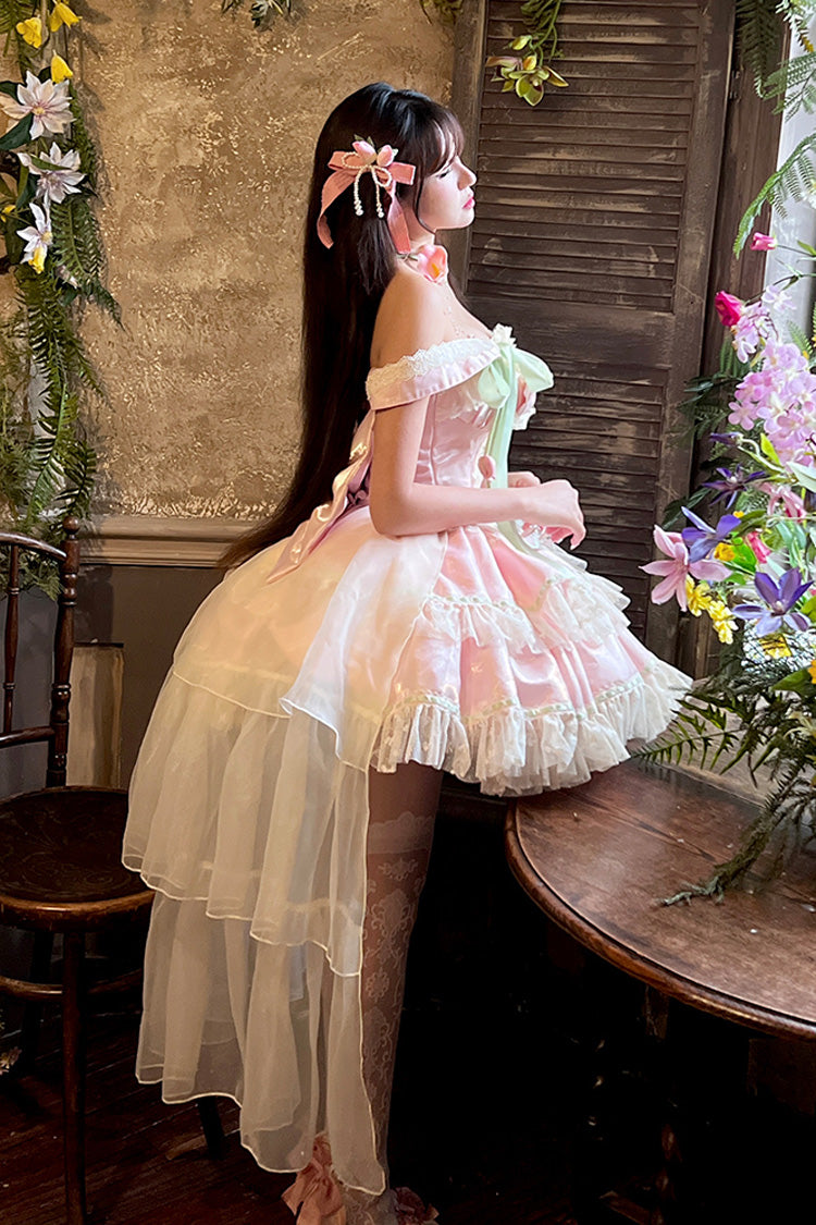 Robe Lolita Princesse Douce Romantique à Nœud Papillon en Dentelle à Lacets à Volants à Double Couche avec Encolure Bateau [Tulip Love Song] Rose 