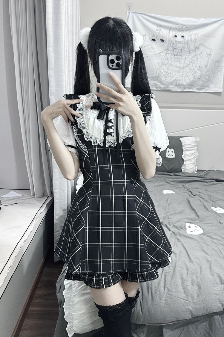 [First Love Contract] Print Bowknot Lace Gothic Jirai Kei Dress Set 4 Versions