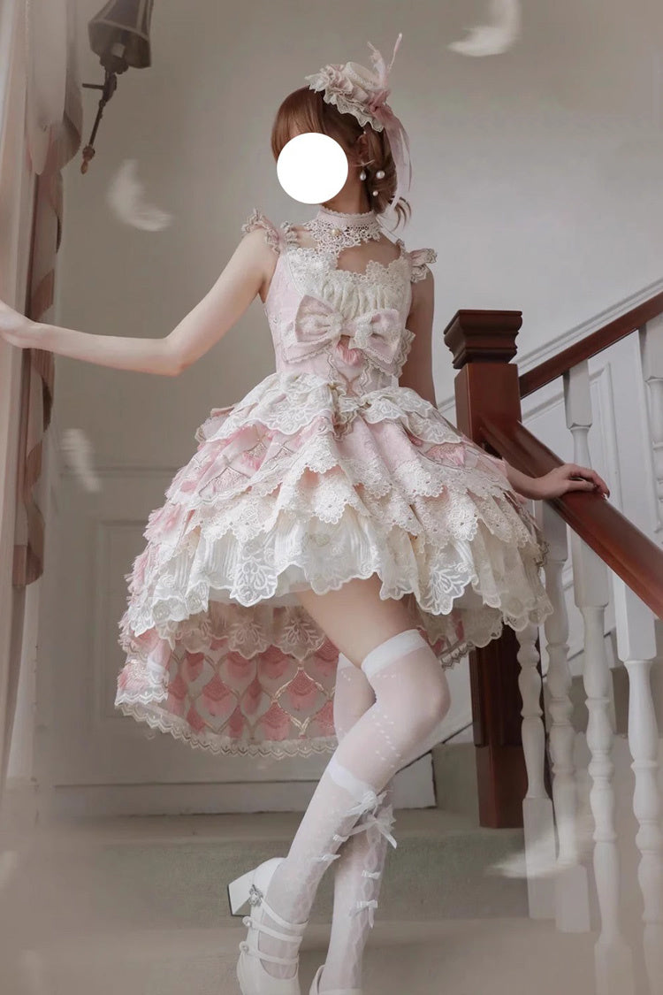 Pink [Peacock Feather] Multi-Layered Ruffle Hanayome Cardigan Bowknot Lace Sweet Lolita Jsk Dress Set