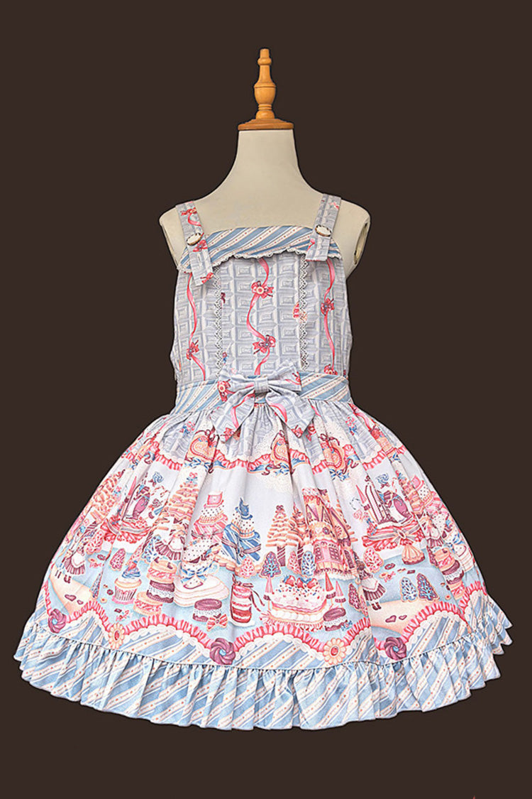 Blaues [Candy House] ärmelloses, süßes Lolita-Trägerkleid mit quadratischem Kragen und bedruckter Rüschenschleife