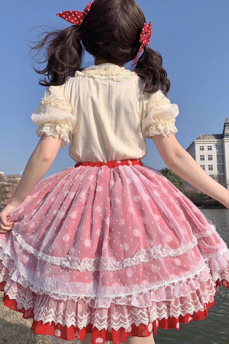 [Wave Candy] Jupe Lolita douce à nœud à volants imprimé triple couche 3 couleurs 