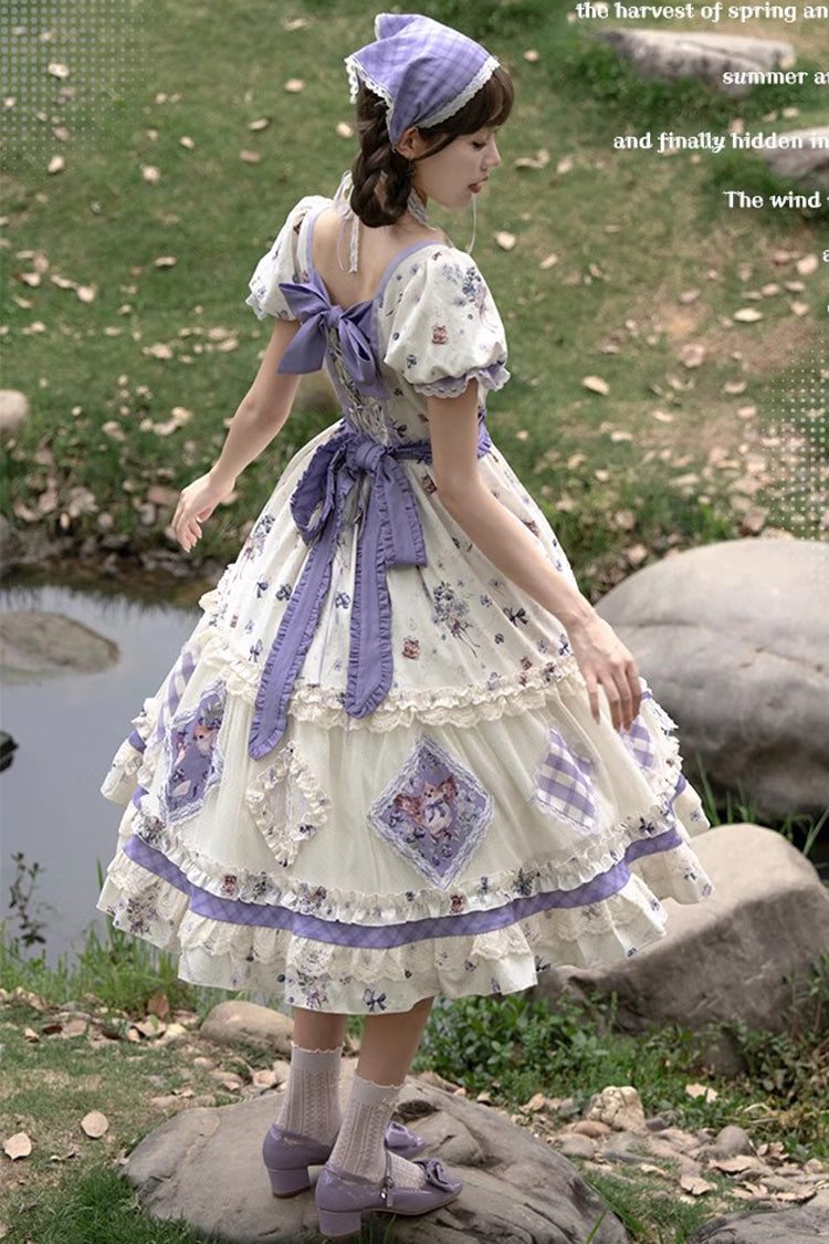 Purple/Ivory Blueberry Pie Print Short Sleeves Ruffle Bowknot Sweet Lolita Dress