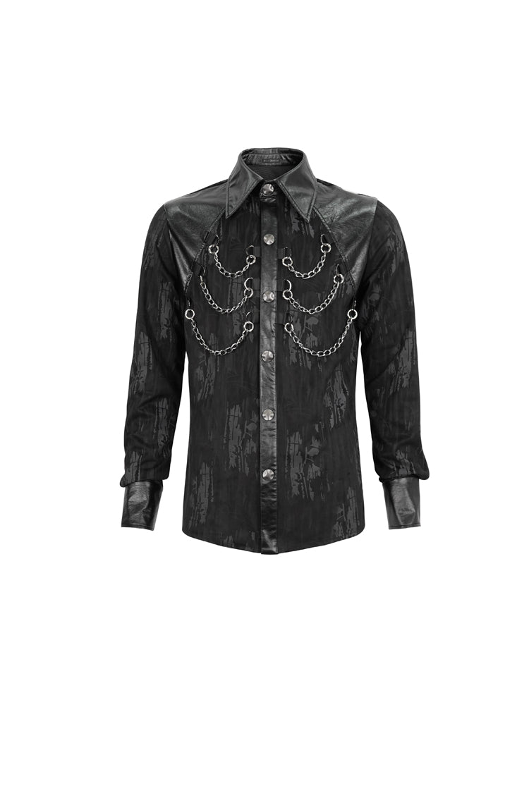 Black Ribbed Metal Chain Hand-Painted Velveteen Paneled Leather Men's Punk Shirt