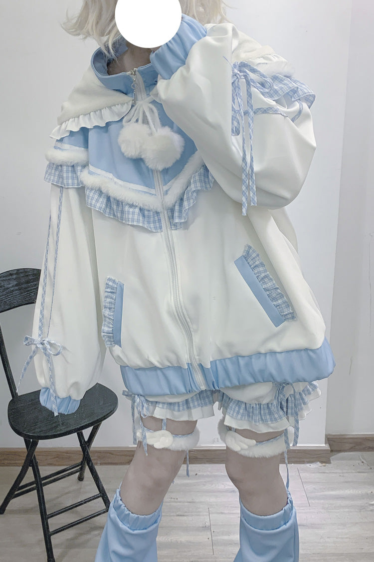 White/Blue [Sweet Star Bear] Long Sleeves Ruffle Hooded Japanese Jirai Kei Sports Coat