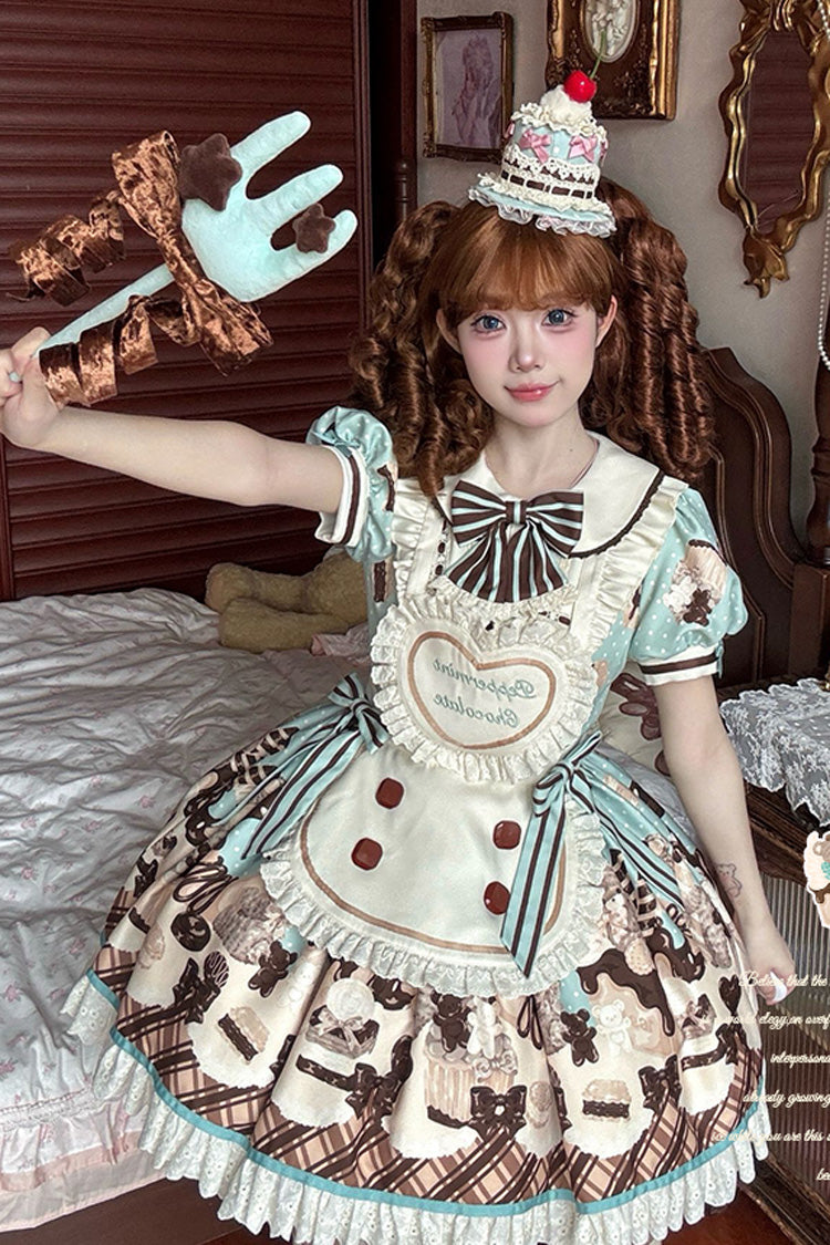 Brown [Peppermint Chocolate] Chocolate Cake Bear Print Ruffle Bowknot Lace-Up Sweet Lolita Dress